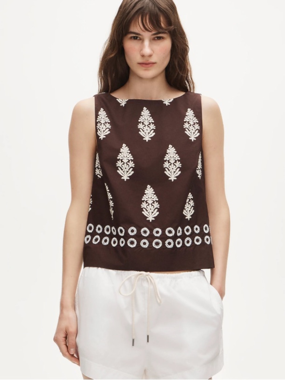 J crew Beaded shell top in cocoa block print